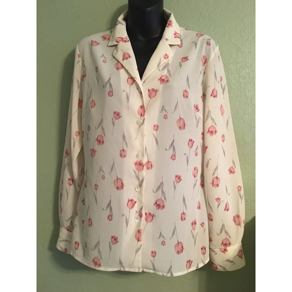 Talbots Ivory Floral Semi-Sheer  Button Down Long Sleeve Shirt/Blouse Size 6